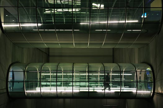 法国图卢兹有一条时尚现代的玻璃走道，夜间照明展现出建筑的优雅