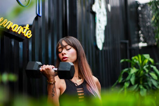 Fit woman with long hair and tattoos lifting a dumbbell with intense focus outdoors.