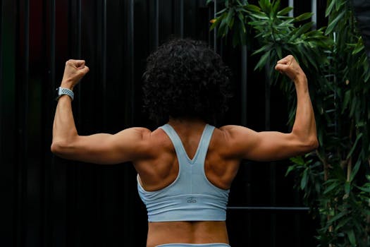 Back view of a muscular woman flexing in a sports bra, demonstrating strength and fitness.