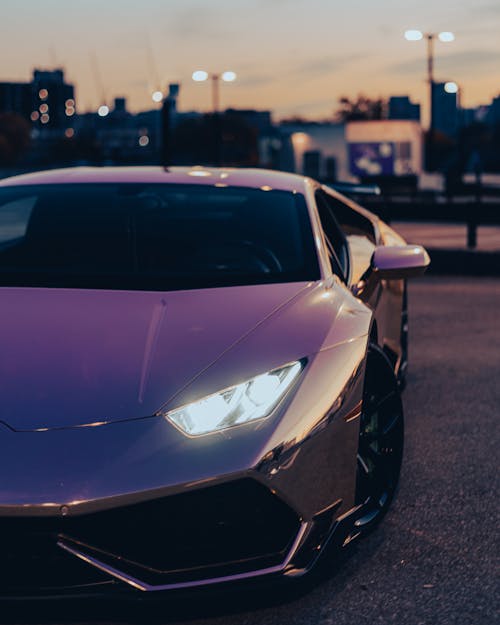 Purple Lamborghini Parked on Parking Lot