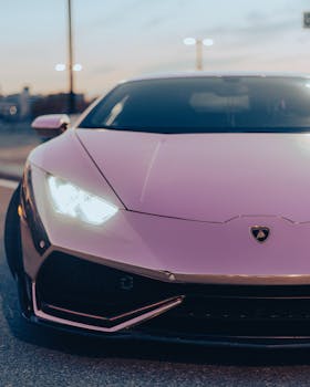 Front view of a pink Lamborghini parked in Toronto, capturing urban sunset vibes.