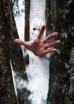 A menacing figure in a forest reaches out through fog, adding a horror movie vibe.