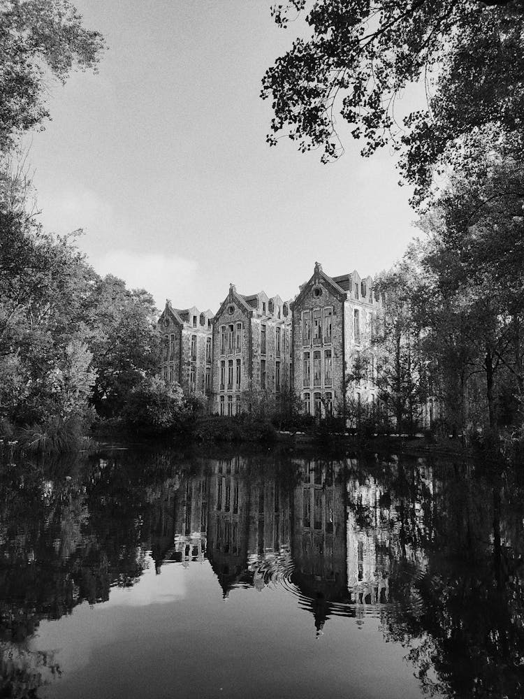 Grayscale Photo Of A Building Near A River