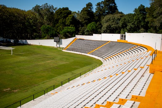 Scenic view of an empty soccer stadium in Caldas da Rainha, Portugal, with forest backdrop.