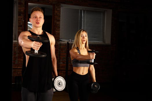 Two adults performing strength training exercises with dumbbells in a gym setting.