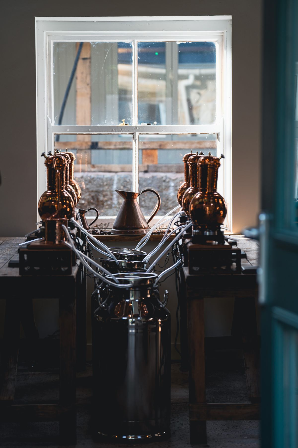 Copper distillation pot stills in a craft distillery