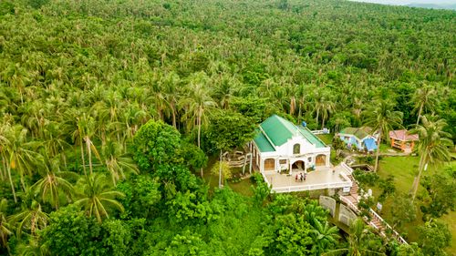 Free Aerial shot of a tropical forest and village houses with lush palm trees. Stock Photo