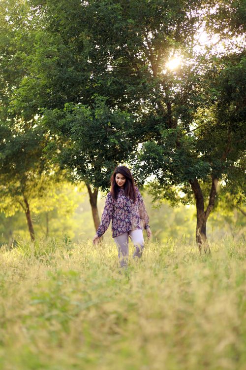 Free A woman walking through a sunlit field surrounded by green trees during the day. Stock Photo