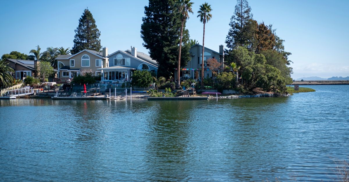 Charming lakeside homes surrounded by trees and calm water under a sunny sky.