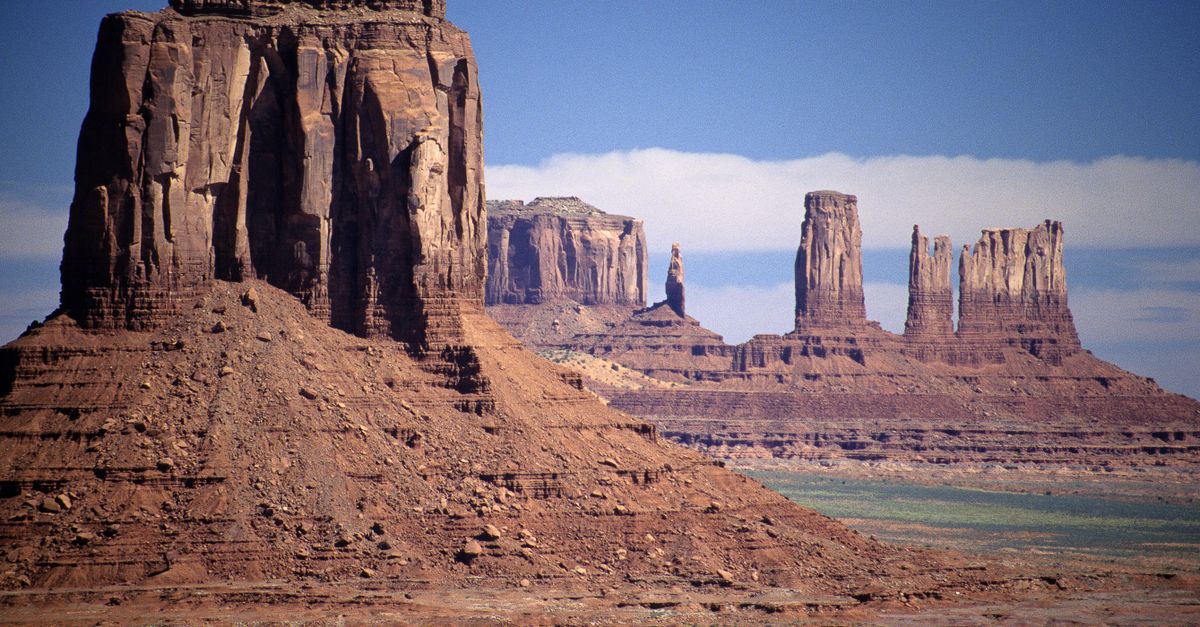 Stunning view of buttes and mesas in Monument Valley, Arizona, showcasing dramatic sandstone formations.
