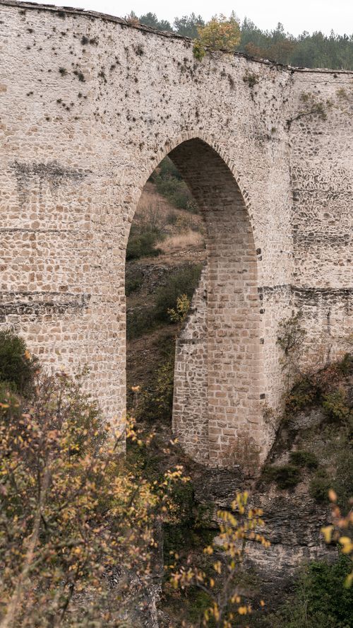Free A historic stone arch bridge in a lush landscape of Safranbolu, Karabük, Turkey, captured in a vertical composition. Stock Photo