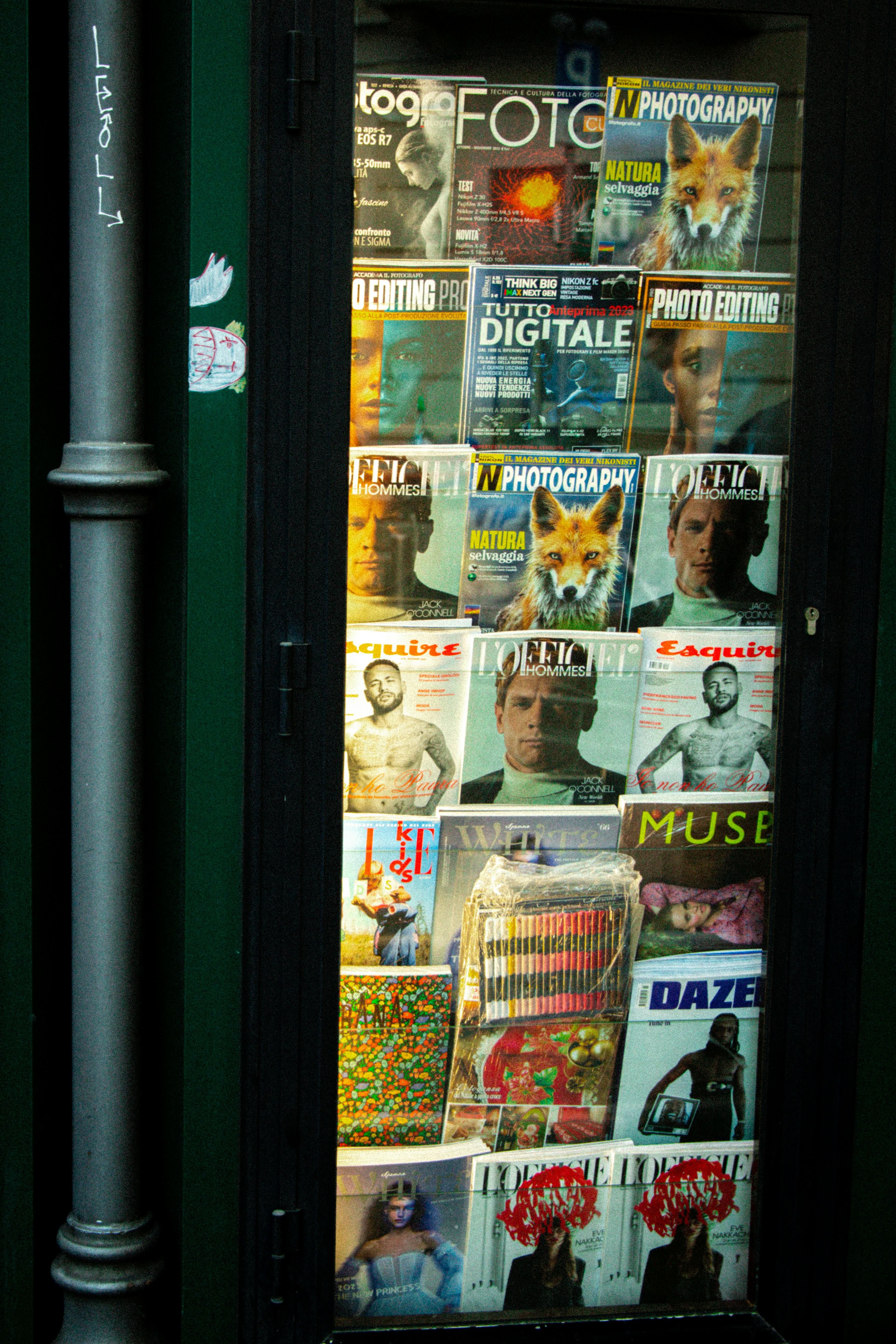 magazine display on clear window