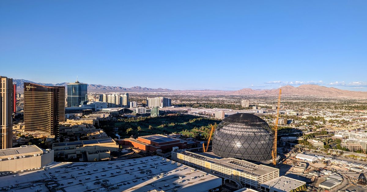 Aerial view of the Las Vegas Strip with the Sphere and clear blue skies