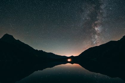 Starry night sky over a mountain lake, photo by eberhard grossgasteiger on Pexels