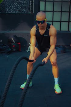 Athletic man in sportswear exercising with ropes outdoors, showcasing strength and fitness.