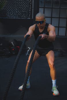 Fit man in sportswear exercising with battle ropes inside a gym.