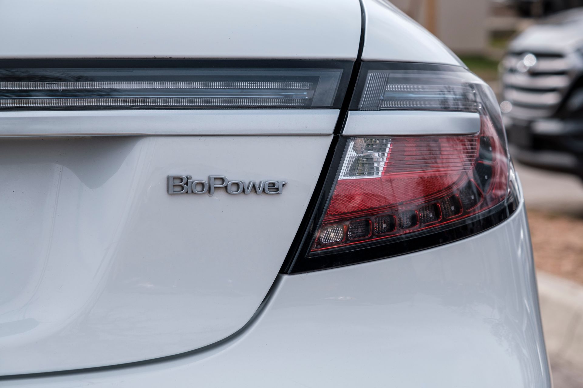 Detailed shot of a Saab car taillight with BioPower emblem in San Antonio, TX.