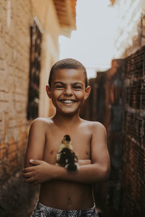 Free A joyful child smiling while holding a duckling outdoors in a rustic alleyway. Stock Photo