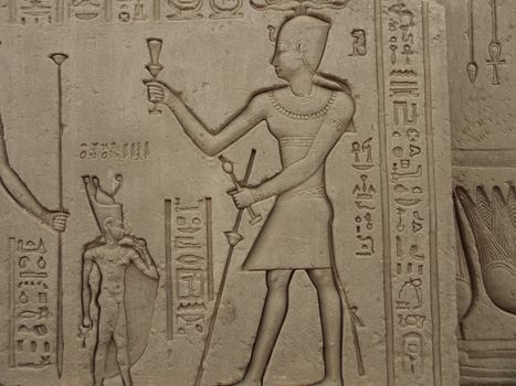 Close-up of detailed hieroglyphs and carvings on an ancient Egyptian temple wall, depicting historical symbols.