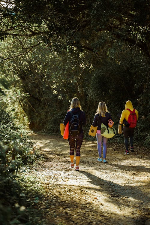 Back View of Three People Walking on Dirt Road