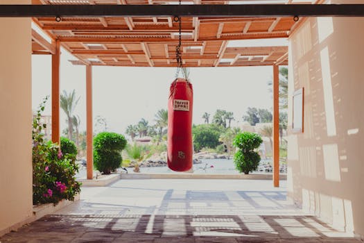 Red punching bag hanging outdoors in a sunny gym space with lush greenery.