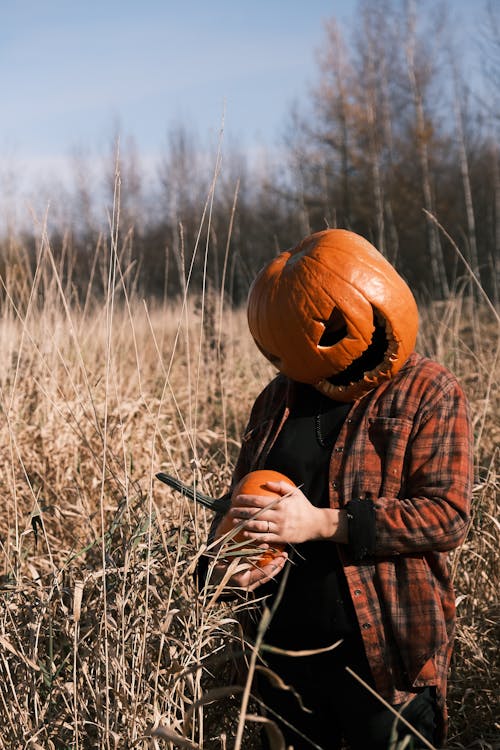 Person Wearing a Carved Pumpkin on Their Head Standing on a Field 