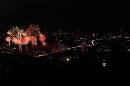 Aerial Shot at Fireworks over City