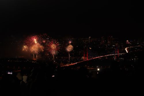 Free Celebratory fireworks light up İstanbul's night sky over the iconic Bosphorus Bridge. Stock Photo