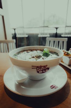 Steaming bowl of traditional Vietnamese pho in a cozy cafe, highlighting fresh ingredients and aromatic flavors.