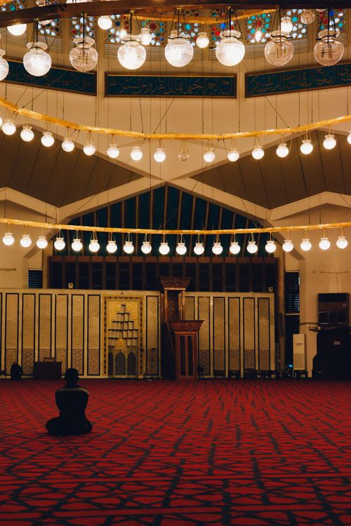 Free A person prays inside the impressive interior of King Abdullah I Mosque in Amman, Jordan. Stock Photo