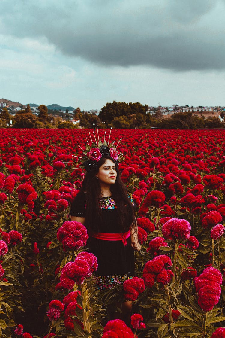 Woman In Dress Posing In Red Flowers Field