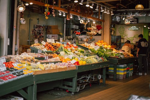 Vegetables and Fruits on Display in a Stall