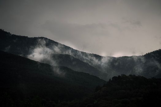 A dramatic mountain landscape with mist and clouds enveloping the peaks, creating a mysterious atmosphere.