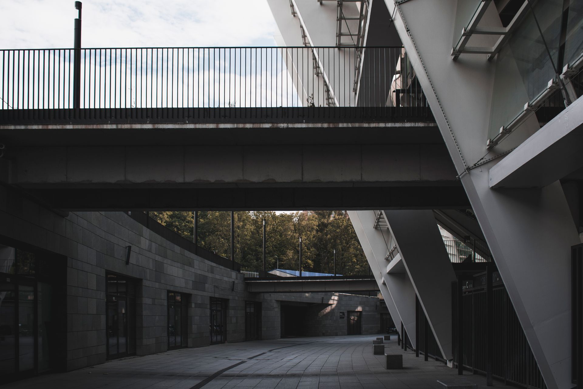 Contemporary architectural design in Kyiv, Ukraine combining steel and concrete elements.