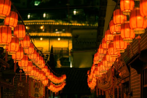 Chinese Lanterns Hanging on Houses