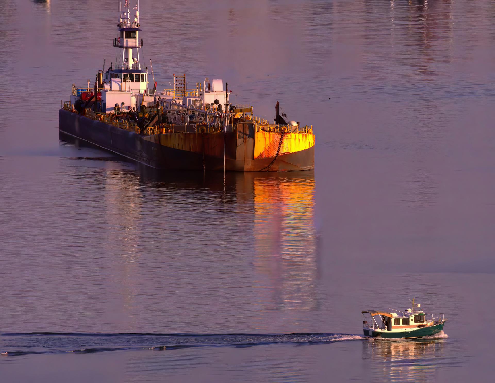 Tugboat guides a large cargo ship on a tranquil sea during early morning light.