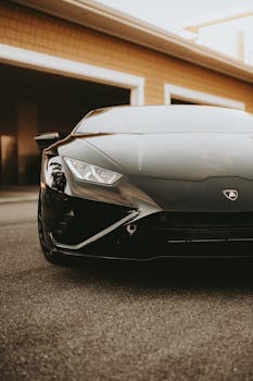 Close-up of a black Lamborghini sports car with a focus on headlights and emblem.