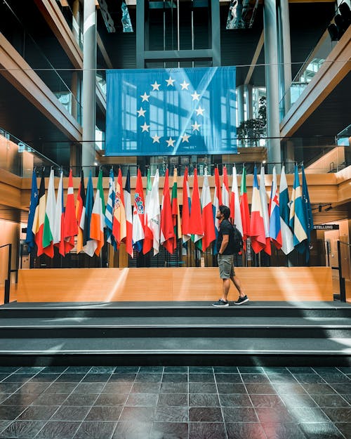 Flags in European Parliament Building in Strasbourg, France