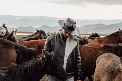 Man in a Leather Jacket and Hat Standing among Horses on a Pasture