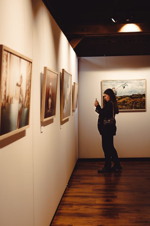 Free A woman takes photos in an art gallery, capturing various artworks on display. Stock Photo