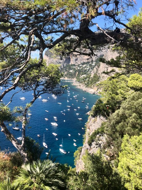 Free Breathtaking aerial view of boats dotting the blue waters of Capri's rocky coastline. Stock Photo