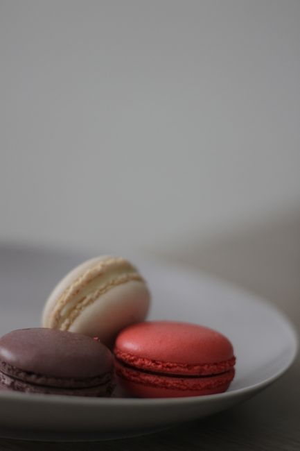 A pile of golden, craggy coconut macaroons next to a row of smooth pastel macarons with visible ruffled feet, showing the contrast in texture and color.