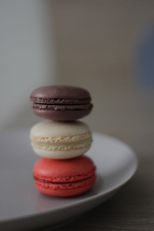 Free Three delicious macarons stacked on a plate showcasing vibrant colors and tempting flavors. Stock Photo