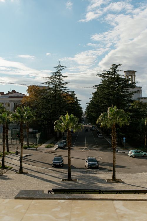 Free A vibrant town street scene featuring palm trees, cars, and a clear blue sky. Stock Photo