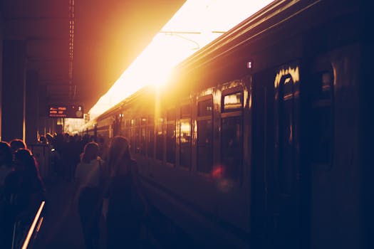 Silhouettes of commuters boarding a train during sunset, creating a dramatic urban scene.