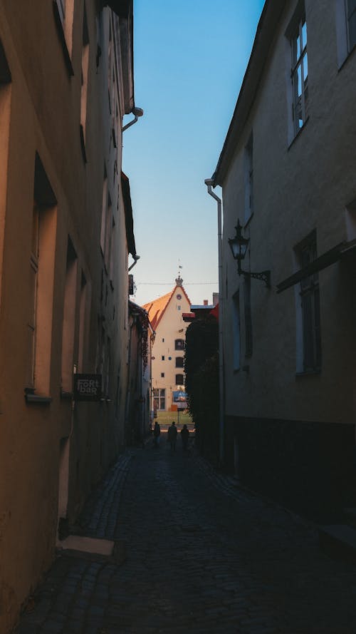 People Walking on the Street Between Buildings