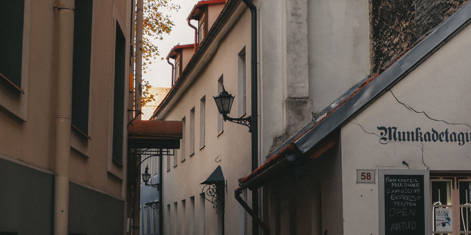 Cobblestone street in Tallinn old town lined with autumn foliage