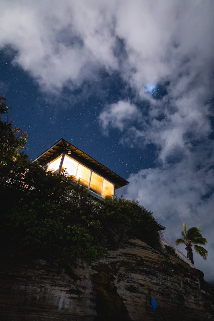 Light In Building On Cliff At Night