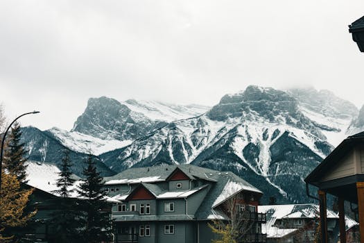 Picturesque winter view of Canmore's snow-covered mountains and cozy houses.