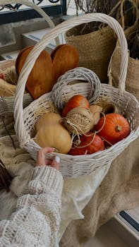 An artistically woven basket filled with pumpkins and yarn, perfect for fall decor.